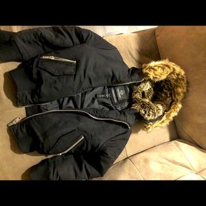 Kids black sweater with fur hoodie. Size 5/6